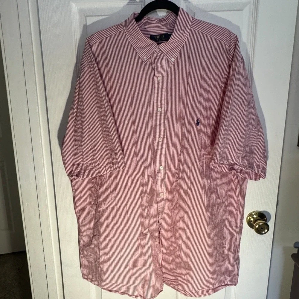 Polo Ralph Lauren Button Down Mens 2XLT Red Seersucker Stripe Short Sleeve Shirt